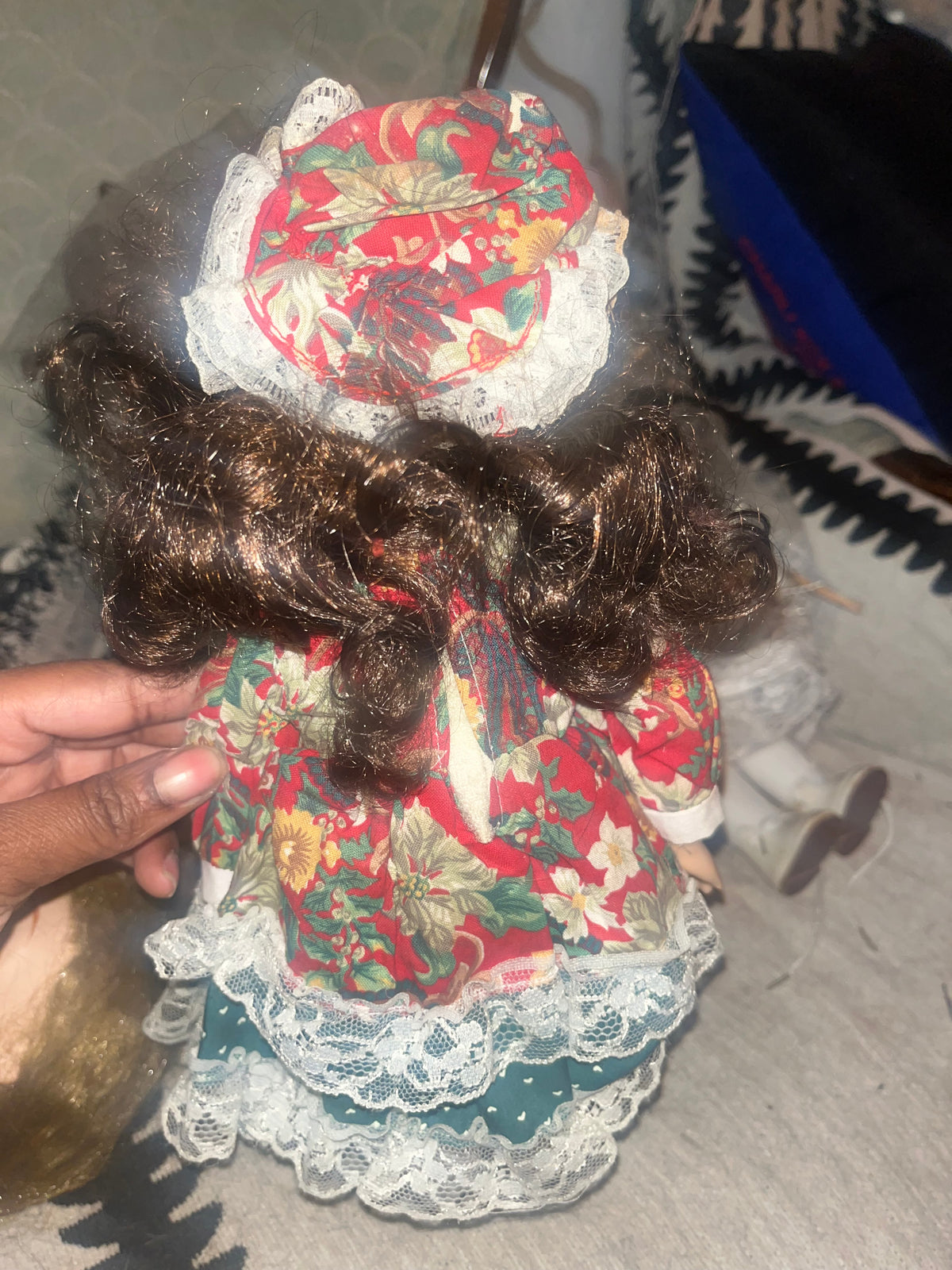 Vintage Bisque Doll with Brunette Curls & Floral Outfit