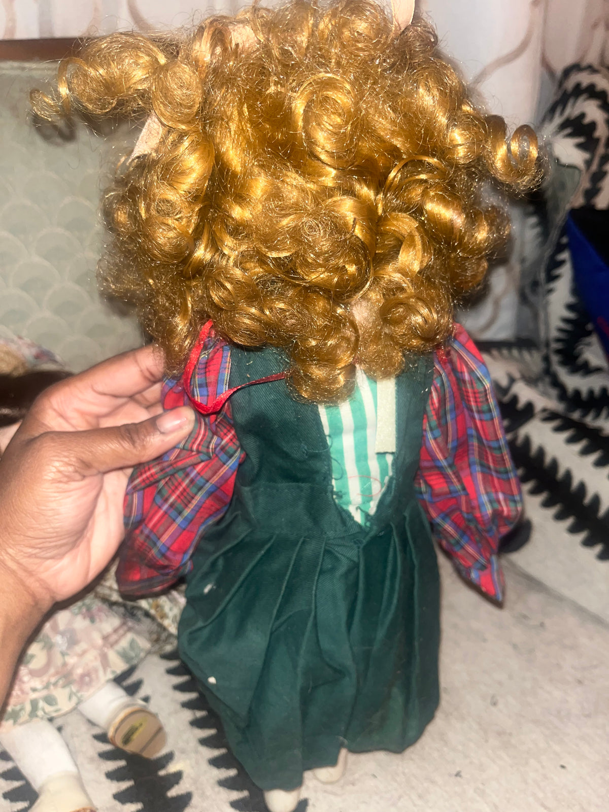 Vintage Porcelain Collector Doll Red Curly Hair Green Dress