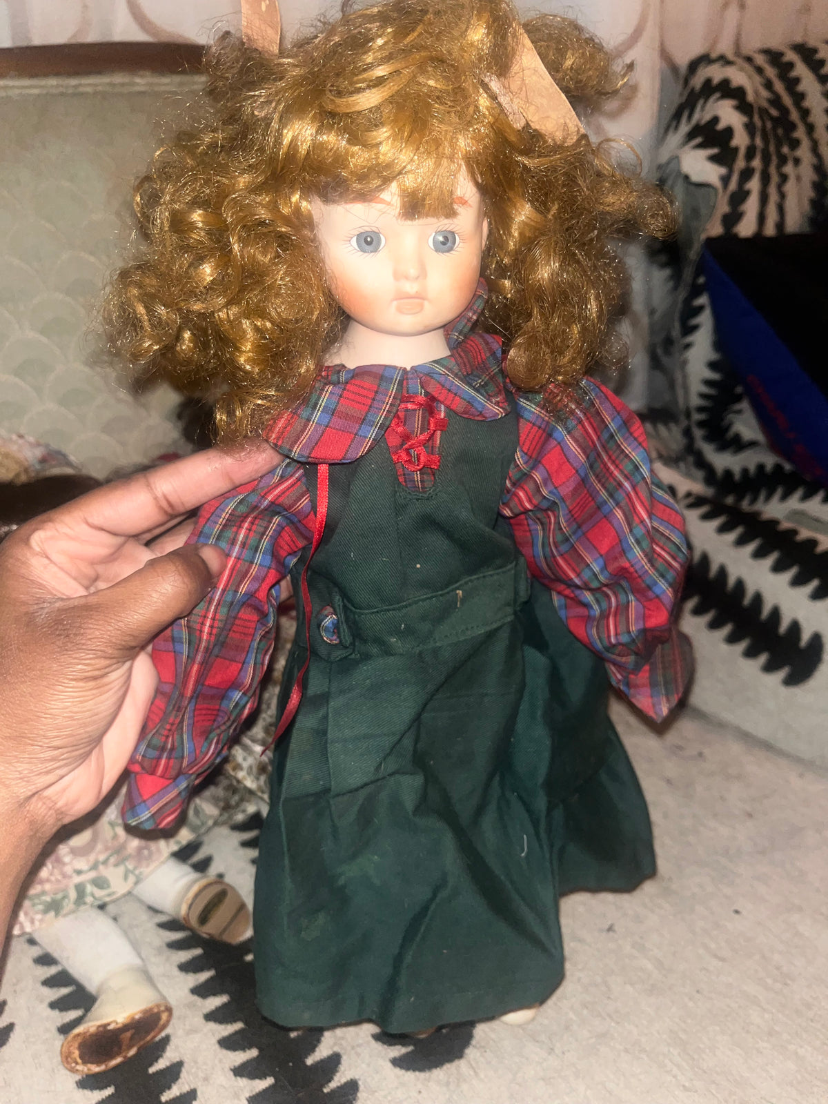 Vintage Porcelain Collector Doll Red Curly Hair Green Dress