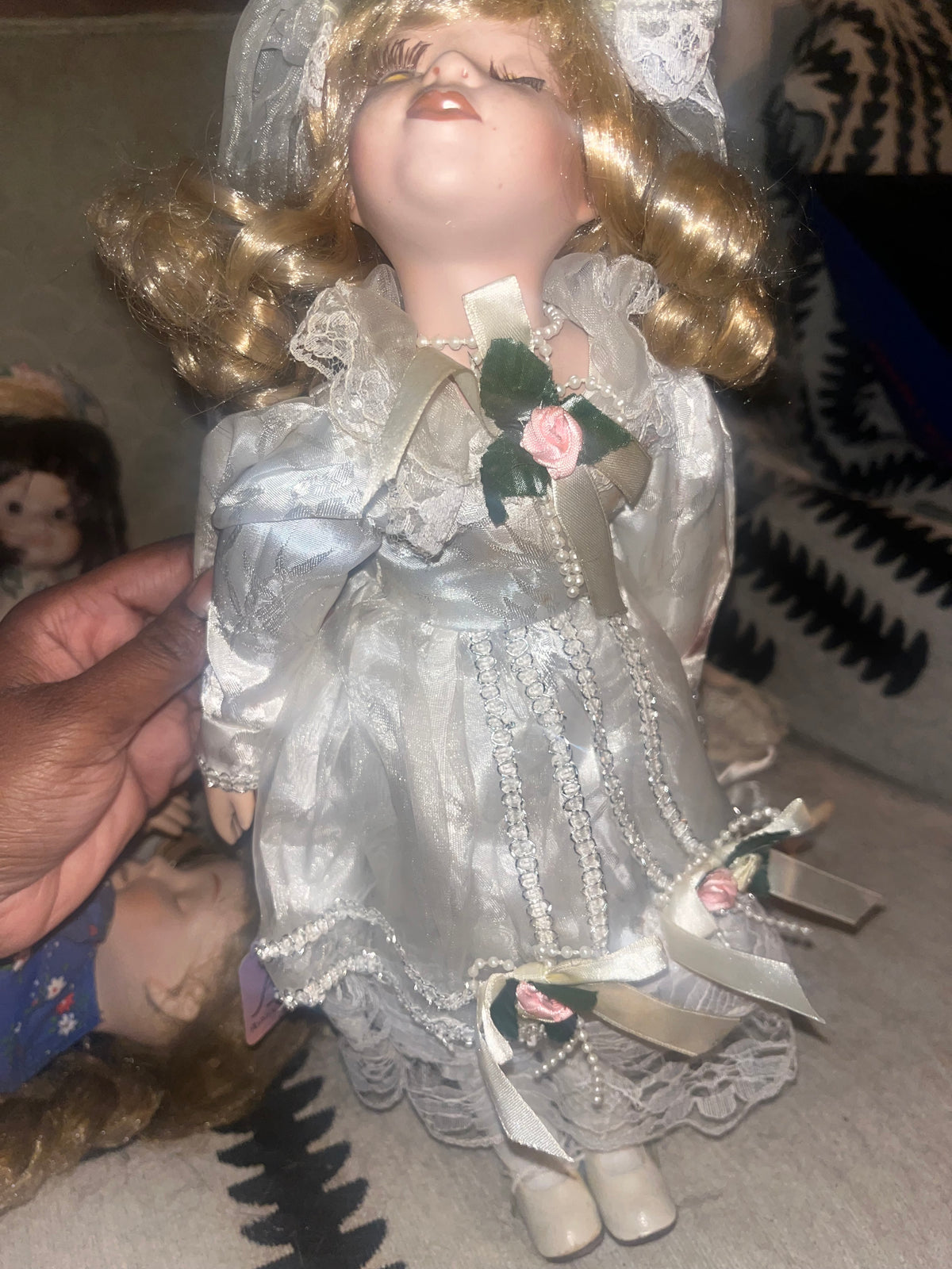 Vintage Blonde Bisque Bride Doll with Veil & Pearl Trim Dress