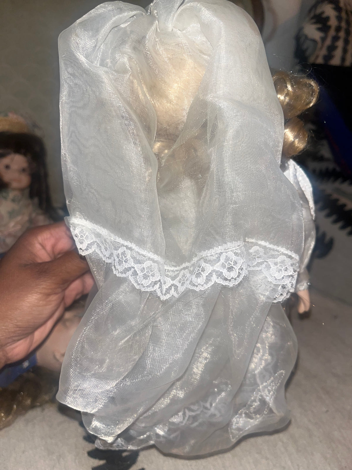 Vintage Blonde Bisque Bride Doll with Veil & Pearl Trim Dress