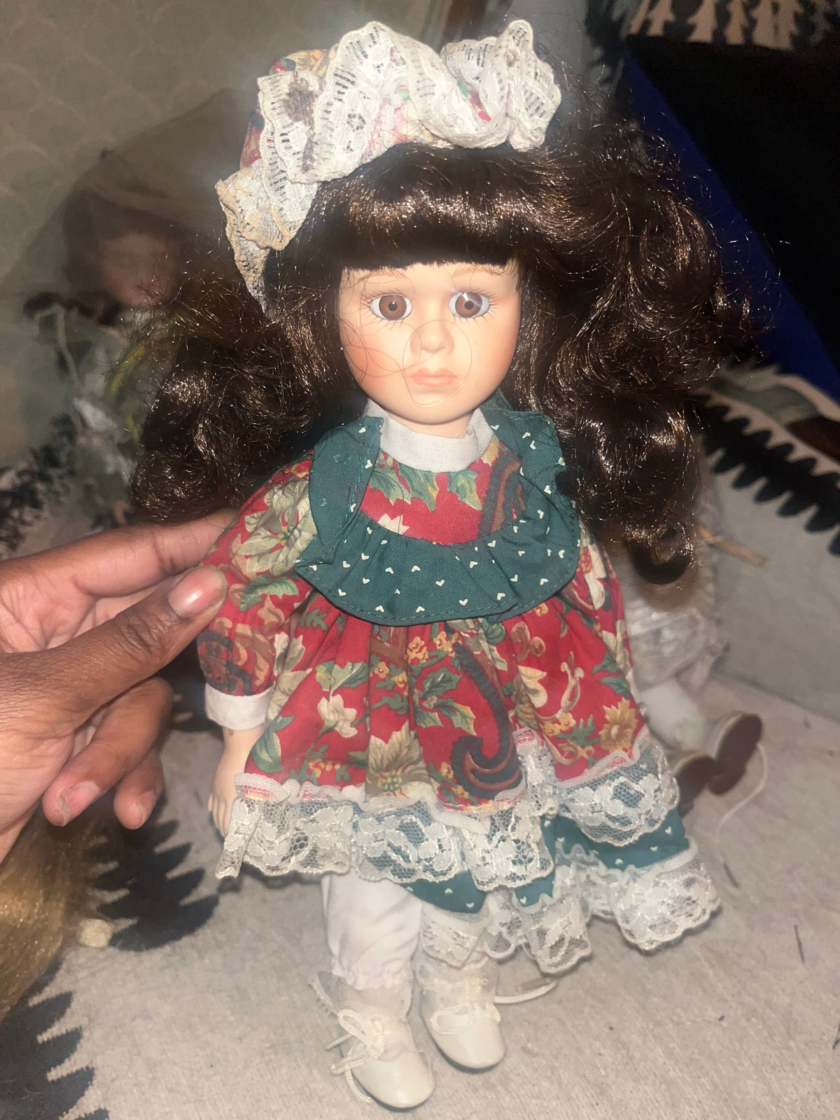 Vintage Bisque Doll with Brunette Curls & Floral Outfit