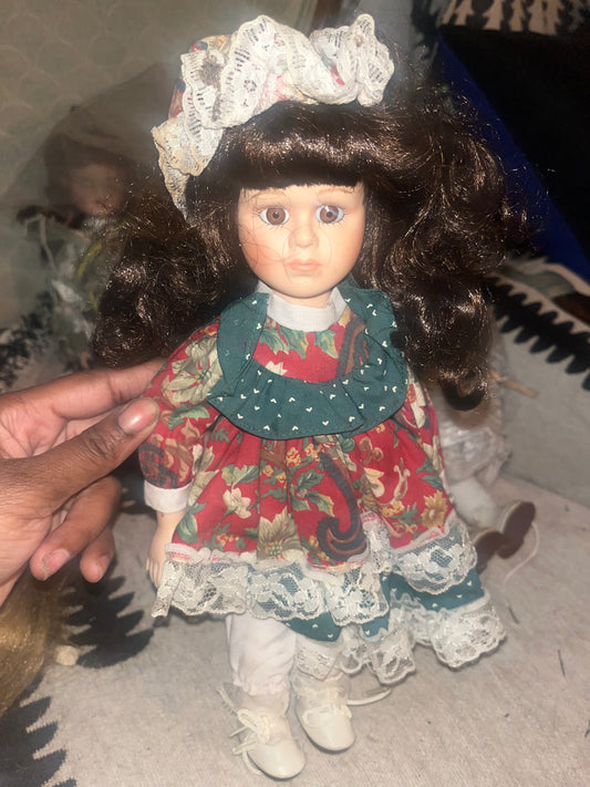 Vintage Bisque Doll with Brunette Curls & Floral Outfit