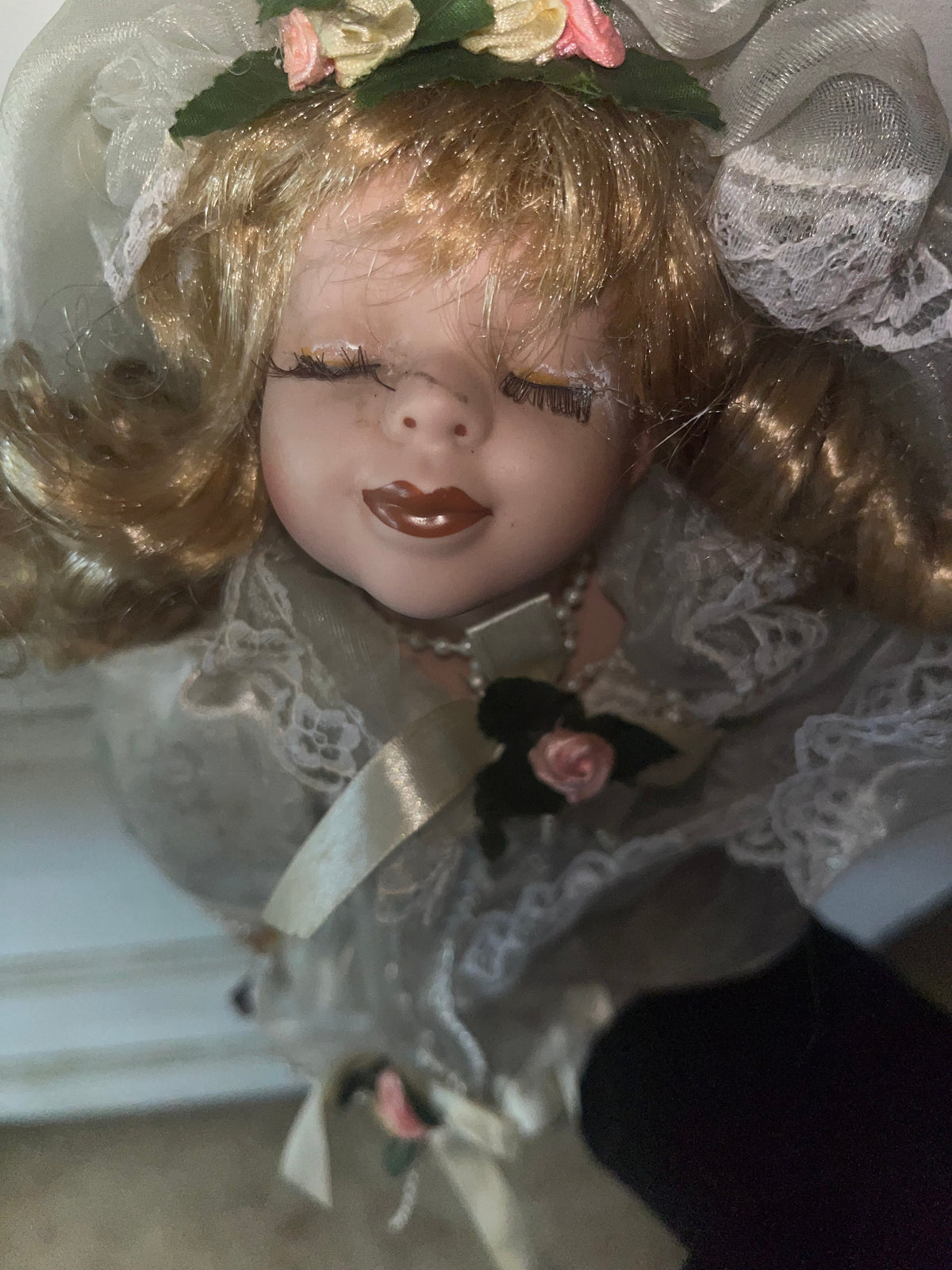 Vintage Blonde Bisque Bride Doll with Veil & Pearl Trim Dress